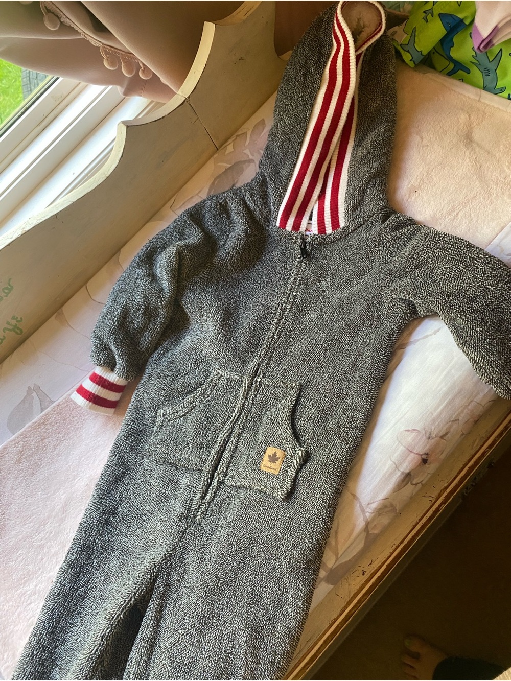 Cozy Hooded Zip One-Piece in Heather Gray with Red Stripe Accents